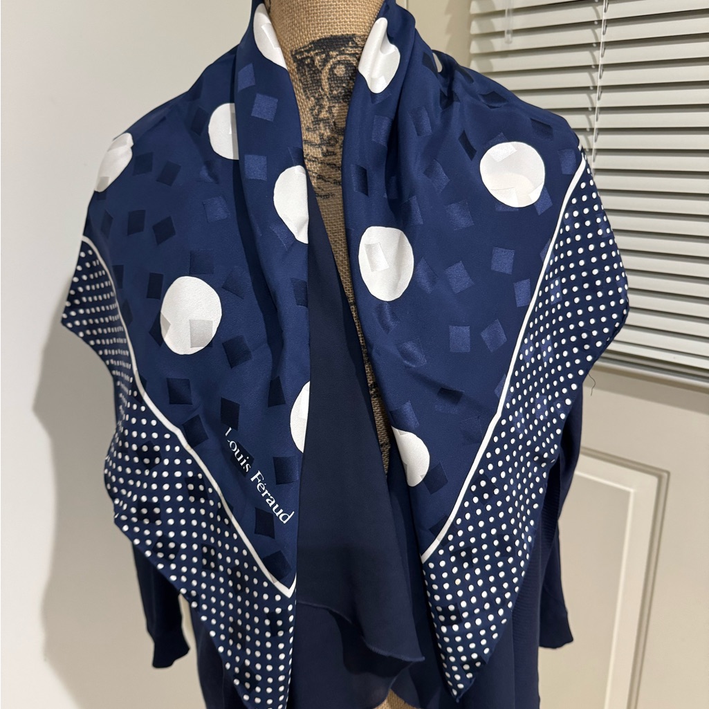 Louis Feraud Navy And White Polka Dot Silk Scarf Roughly 34x34”
